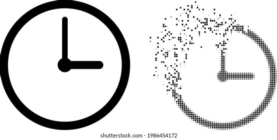 Dissolved dotted clock vector icon with wind effect, and original vector image. Pixel dissipating effect for clock demonstrates speed and movement of cyberspace objects.