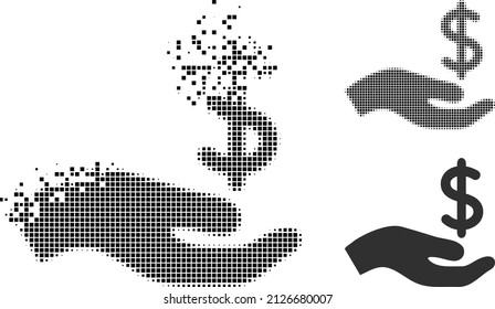 Dissolved dotted dollar donation hand vector icon with wind effect, and original vector image.