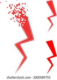 Dissolved dotted electric strike pictogram with halftone version. Vector destruction effect for electric strike pictogram.