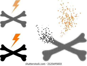Dissolved dotted electrical hazard vector icon with destruction effect, and original vector image. Pixel destruction effect for electrical hazard demonstrates speed and motion of cyberspace objects.