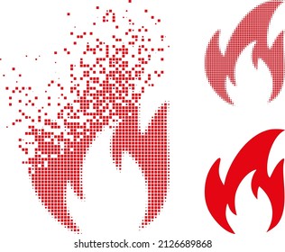 Dissolved dotted fire vector icon with destruction effect, and original vector image. Pixel dust effect for fire demonstrates speed and motion of cyberspace objects.