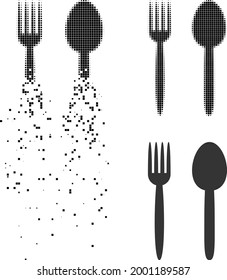 Dissolved dotted food utensil icon with halftone version. Vector destruction effect for food utensil icon. Pixelated dissolving process for food utensil gives movement of cyberspace items.