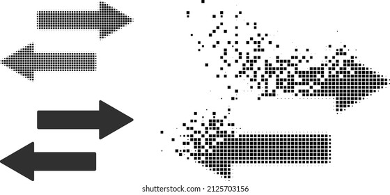 Dissolved dotted horizontal exchange arrows vector icon with wind effect, and original vector image. Pixel burst effect for horizontal exchange arrows shows speed and motion of cyberspace items.