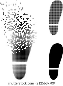 Dissolved dotted human foot print vector icon with destruction effect, and original vector image. Pixel destruction effect for human foot print demonstrates speed and movement of cyberspace concepts.