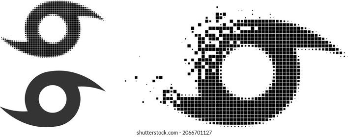 Dissolved dotted hurricane icon with halftone version. Vector destruction effect for hurricane icon. Pixelated dispersing effect for hurricane shows movement of cyberspace matter.