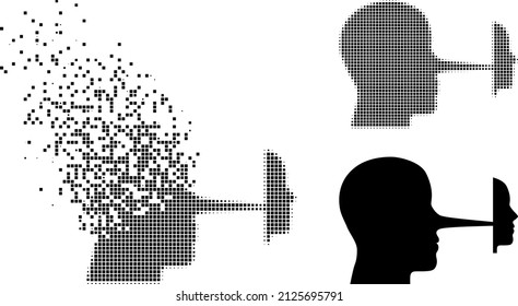 Dissolved dotted liar mask vector icon with wind effect, and original vector image. Pixel abrasion effect for liar mask demonstrates speed and movement of cyberspace matter.