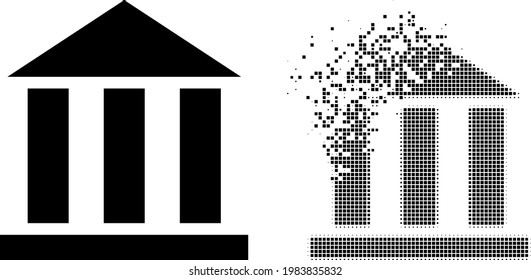 Dissolved dotted library office vector icon with destruction effect, and original vector image. Pixel disappearing effect for library office shows speed and movement of cyberspace objects.