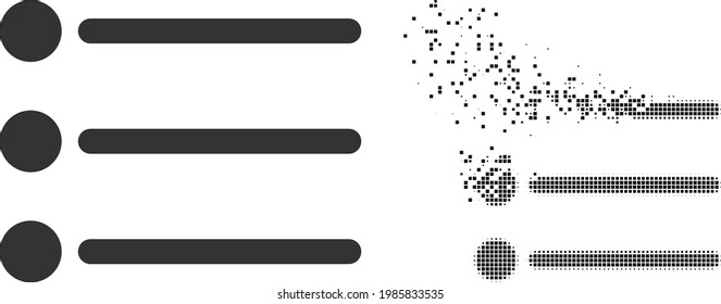 Dissolved dotted list items vector icon with wind effect, and original vector image. Pixel burst effect for list items shows speed and motion of cyberspace abstractions.