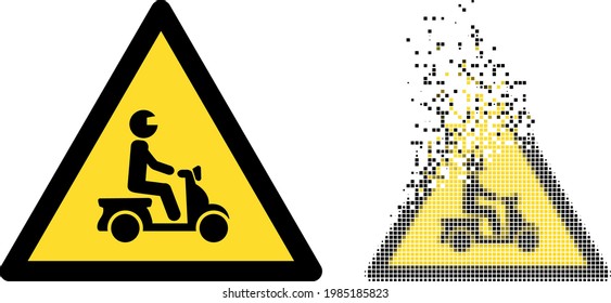 Dissolved dotted motorbike danger vector icon with destruction effect, and original vector image. Pixel destruction effect for motorbike danger shows speed and motion of cyberspace items.