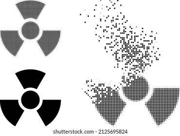 Dissolved dotted radioactivity vector icon with destruction effect, and original vector image. Pixel dissolution effect for radioactivity demonstrates speed and movement of cyberspace items.
