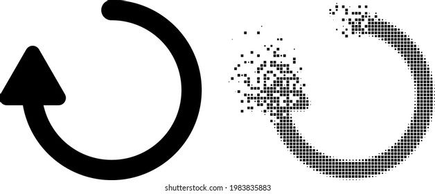Dissolved dotted rotate right arrow vector icon with wind effect, and original vector image. Pixel dissolution effect for rotate right arrow shows speed and motion of cyberspace things.