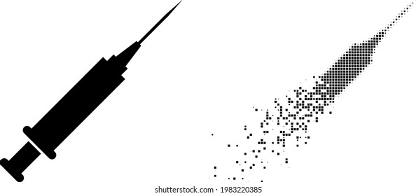 Icono vectorial de jeringuilla disolvida con efecto de viento e imagen vectorial original. El efecto de degradación de píxeles para la jeringa muestra velocidad y movimiento de los elementos del ciberespacio.