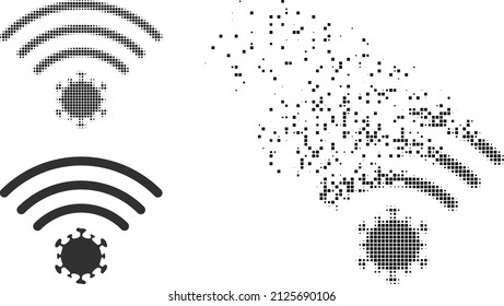 Dissolved dotted virus source vector icon with destruction effect, and original vector image. Pixel dissipating effect for virus source demonstrates speed and movement of cyberspace things.