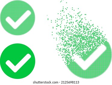 Dissolved dotted yes mark vector icon with wind effect, and original vector image. Pixel disappearing effect for yes mark demonstrates speed and motion of cyberspace things.