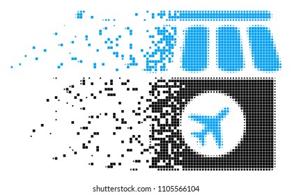 Dissolved duty free dot vector icon with wind effect. Square cells are arranged into damaging duty free figure. Pixel erosion effect shows speed and motion of cyberspace concepts.