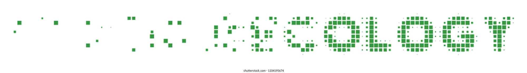 Dissolved ecology text dot vector icon with disintegration effect. Square elements are arranged into disappearing ecology text form. Pixel dust effect shows speed and motion of cyberspace concepts.