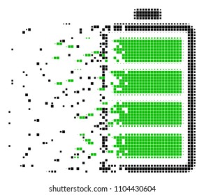 Dissolved electric battery dot vector icon with disintegration effect. Rectangle dots are organized into disappearing electric battery form.