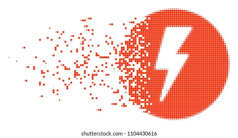 Dissolved electricity dotted vector icon with disintegration effect. Rectangular items are arranged into damaging electricity shape.