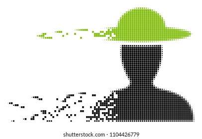 Dissolved farmer person dot vector icon with disintegration effect. Rectangle particles are combined into disappearing farmer person shape.