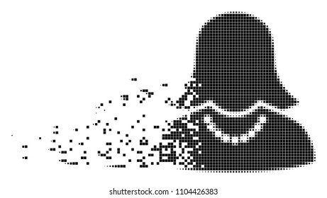 Dissolved female dot vector icon with disintegration effect. Rectangular pixels are organized into dissolving female form. Pixel dissolution effect shows speed and motion of cyberspace matter.