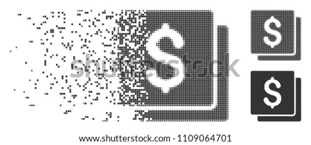 Dissolved finances pixel icon with disintegration effect. Halftone dotted and intact entire gray variants. Dots have rectangle shape. Pixels are composed into dissipated finances figure.