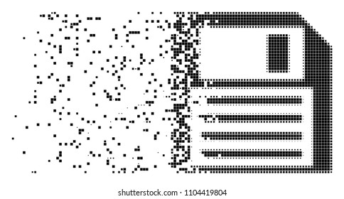 Dissolved floppy disk dotted vector icon with disintegration effect. Rectangular fragments are combined into dissolving floppy disk shape.