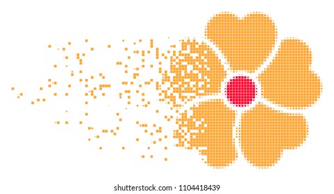Dissolved flower dot vector icon with disintegration effect. Rectangle particles are combined into dissipated flower form. Pixel explosion effect shows speed and movement of cyberspace concepts.