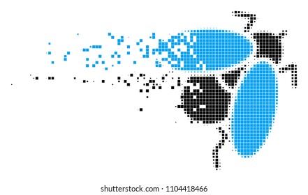 Dissolved fly insect dot vector icon with disintegration effect. Rectangle particles are arranged into dissolving fly insect form. Pixel dissolving effect shows speed and motion of cyberspace objects.