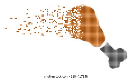 Dissolved fried chicken leg dotted vector icon with disintegration effect. Rectangular dots are organized into dissipated fried chicken leg shape.