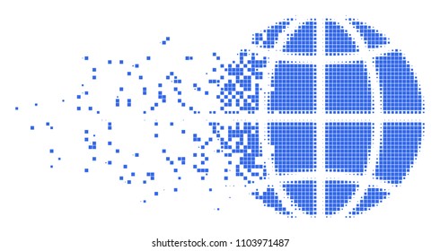 Dissolved globe dot vector icon with disintegration effect. Rectangle pieces are composed into disappearing globe form. Pixel disappearing effect demonstrates speed and motion of cyberspace items.
