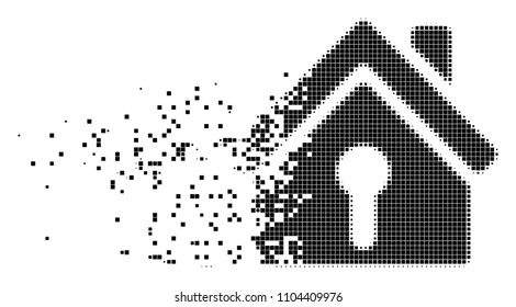 Dissolved home keyhole dotted vector icon with disintegration effect. Rectangular pixels are organized into damaging home keyhole shape.