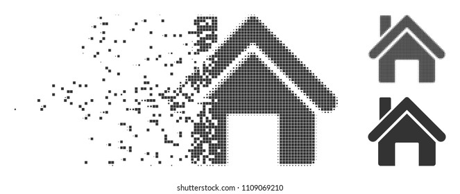 Dissolved house pixel icon with disintegration effect. Halftone dotted and intact whole gray variants. Dots have rectangular shape. Points are organized into disappearing house shape.