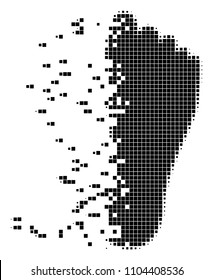Dissolved human footprint dot vector icon with disintegration effect. Square dots are organized into damaging human footprint shape.