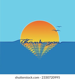 Dissolved inscription "thank you" in bright color font against the backdrop of the sunset. Handwritten alphabet with reflection on the wavy water surface. Creative typographic design. Isolated vector.