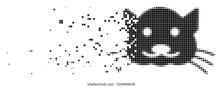 Dissolved kitty dotted vector icon with disintegration effect. Rectangle fragments are organized into dissipated kitty shape.