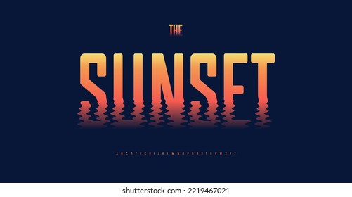 Dissolved letters in bright color font. Bold high tall alphabet with reflection on waving water surface. Creative typographic design for flood movie headline. Isolated vector typeset.