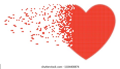 Dissolved love heart dotted vector icon with disintegration effect. Rectangular elements are arranged into dissipated love heart form.