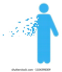 Dissolved man person dot vector icon with disintegration effect. Square pieces are arranged into dissolving man person form. Pixel burst effect demonstrates speed and movement of cyberspace things.
