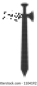 Dissolved medieval sword dotted vector icon with disintegration effect. Square elements are organized into disappearing medieval sword form.