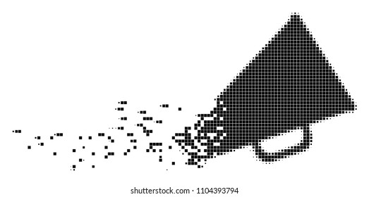 Dissolved megaphone dot vector icon with disintegration effect. Rectangle fragments are grouped into damaging megaphone figure. Pixel burst effect demonstrates speed and motion of cyberspace things.