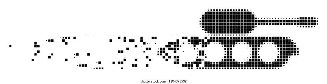 Dissolved military tank dot vector icon with disintegration effect. Square pieces are composed into damaging military tank shape.