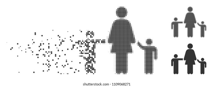 Dissolved mother children pixel icon with disintegration effect. Halftone pixelated and undamaged solid grey variants. Dots have rectangular shape.