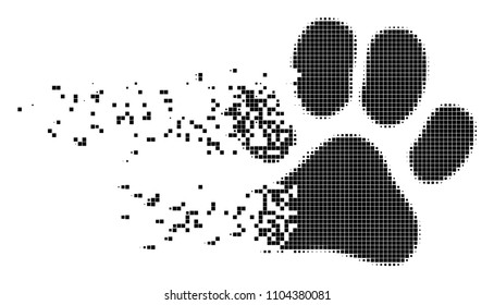 Dissolved paw footprint dotted vector icon with disintegration effect. Square points are grouped into damaging paw footprint figure.