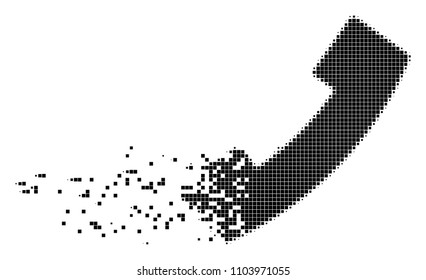 Dissolved phone receiver dotted vector icon with disintegration effect. Square elements are grouped into disappearing phone receiver shape.