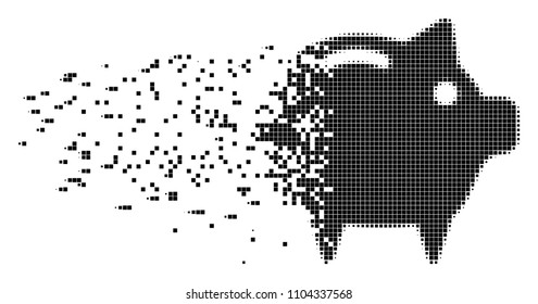Dissolved piggy bank dotted vector icon with disintegration effect. Rectangular elements are composed into dissipated piggy bank form.