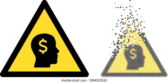 Ungelöstes pixeliges Banker-Warnvektorsymbol mit Zerstörungseffekt und Originalvektorbild. Pixel Zerstörungseffekt für Banker-Warnung zeigt Geschwindigkeit und Bewegung von Cyberspace-Abstraktionen.