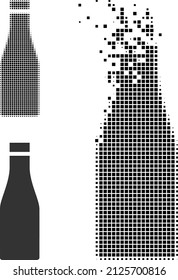 Dissolved pixelated beer bottle vector icon with wind effect, and original vector image. Pixel dissipation effect for beer bottle demonstrates speed and movement of cyberspace items.