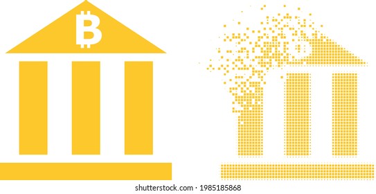 Entpacktes, pixeliges Bitcoin-Bank-Vektorsymbol mit Zerstörungseffekt und Originalvektorbild. Der Effekt der Pixelzerstörung bei der Bitcoin-Bank zeigt Geschwindigkeit und Bewegung von Cyberspace-Objekten.