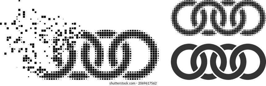 Dissolved pixelated circle chain pictogram with halftone version. Vector wind effect for circle chain pictogram. Pixel dissipation effect for circle chain shows movement of virtual world.