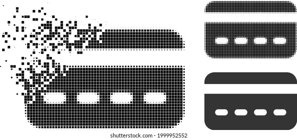 Ungelöstes pixeliges Kreditkartensymbol mit halftone Version. Vektorzerstörungseffekt für das Kreditkartensymbol. Der pixelförmige Erosionsprozess für Kreditkarten zeigt die Bewegung virtueller Objekte.